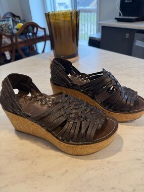 Tory Burch Dark Brown Woven Leather Cork Wedge Sandals